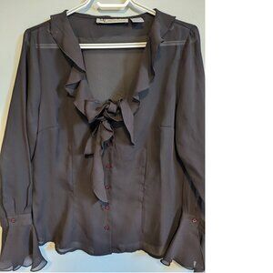 Melanie Lyne Brown V-neck Ruffle Sheer Blouse (Size M)